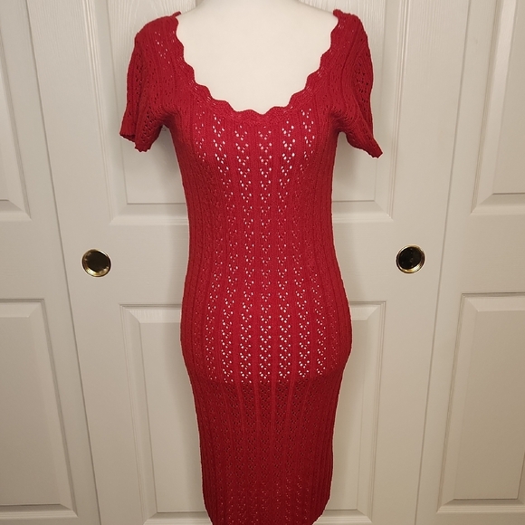 VTG MODA INT'L Red Knit Short Sleeve Scalloped Neckline Midi Dress Size S - Picture 12 of 15